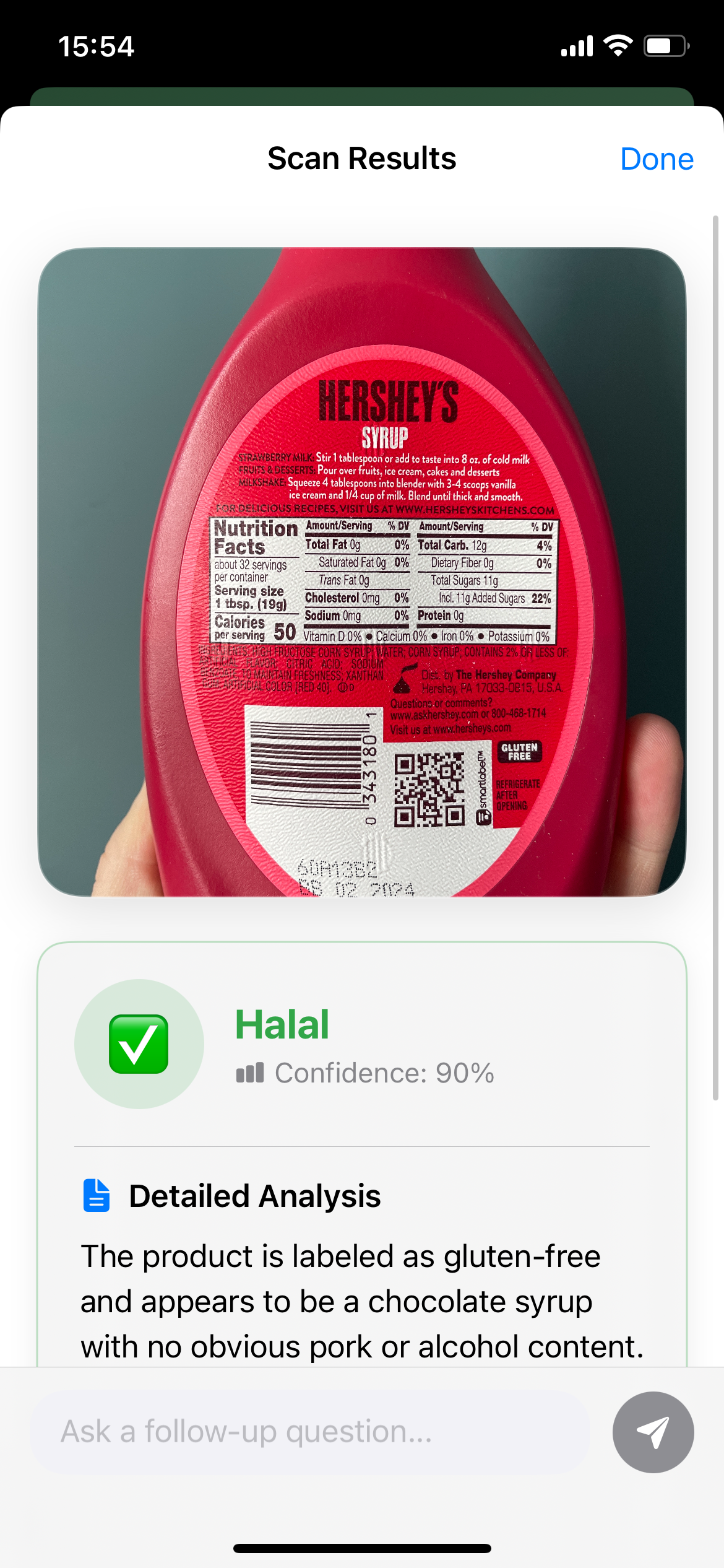 Clear halal classification result with confidence rating